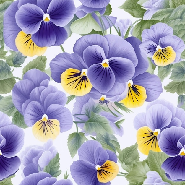 Seamless pattern with pansies on a white background.