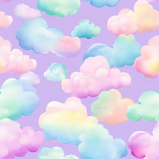 Seamless pattern with pastel clouds on a purple background.