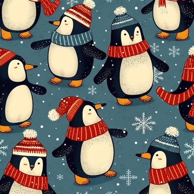 A seamless pattern with penguins in red, blue, and white hats.