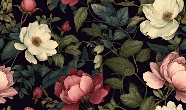 Seamless pattern with peony on a black background Flower garden texture For banner postcard book illustration Created with generative AI tools