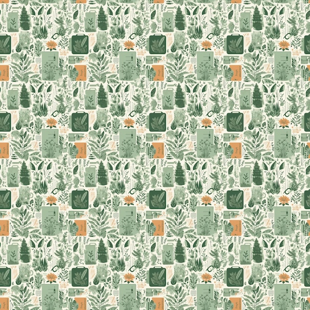 A seamless pattern with a pine tree and a bucket of pine cones.