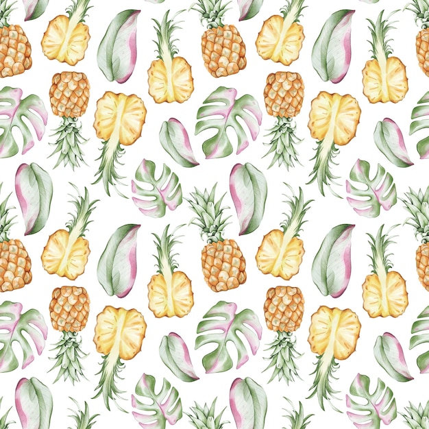 a seamless pattern with pineapples and leaves