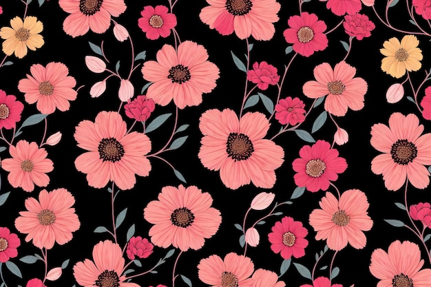 Seamless pattern with pink flowers on a black background.