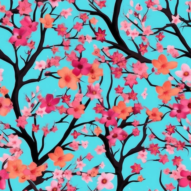 Seamless pattern with pink flowers on a blue background.