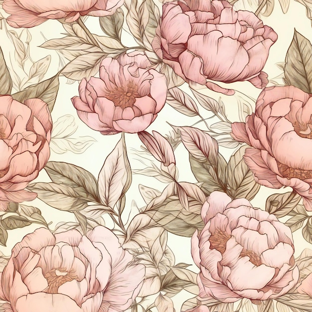 Seamless pattern with pink flowers on a white background.