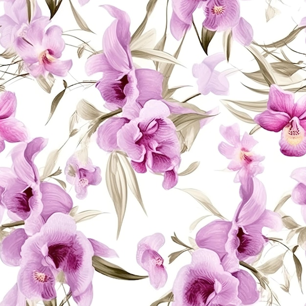 A seamless pattern with pink orchids on a white background.