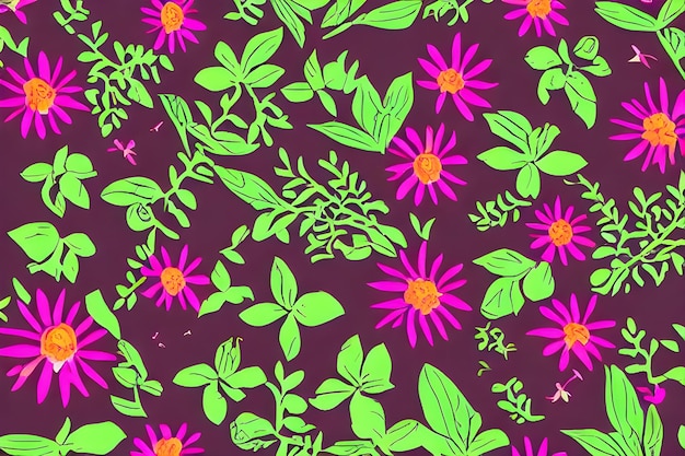 A seamless pattern with pink and purple flowers on a purple background.