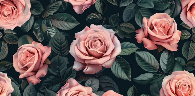 Photo seamless pattern with pink roses and green leaves on a dark background elegant floral design for luxury themes generative ai