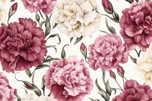 Seamless pattern with pink and white carnation flowers