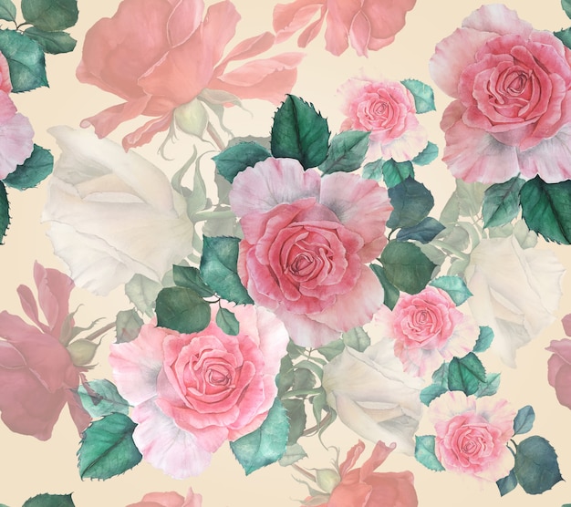 Seamless pattern with pink, white and red roses