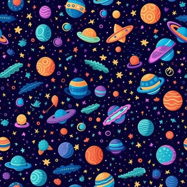 Seamless pattern with planets and stars on a dark background.