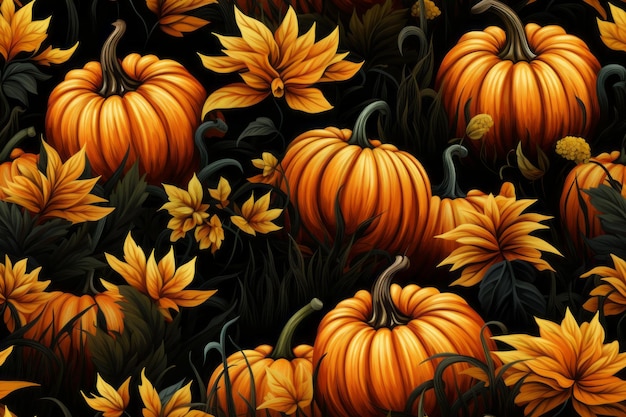 seamless pattern with pumpkins and flowers on black background