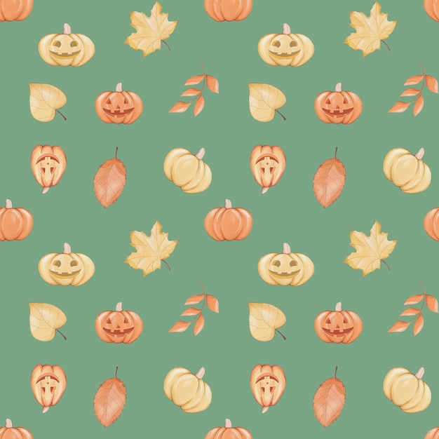 Photo seamless pattern with pumpkins and leaves