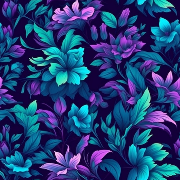 A seamless pattern with purple and blue flowers on a dark background.