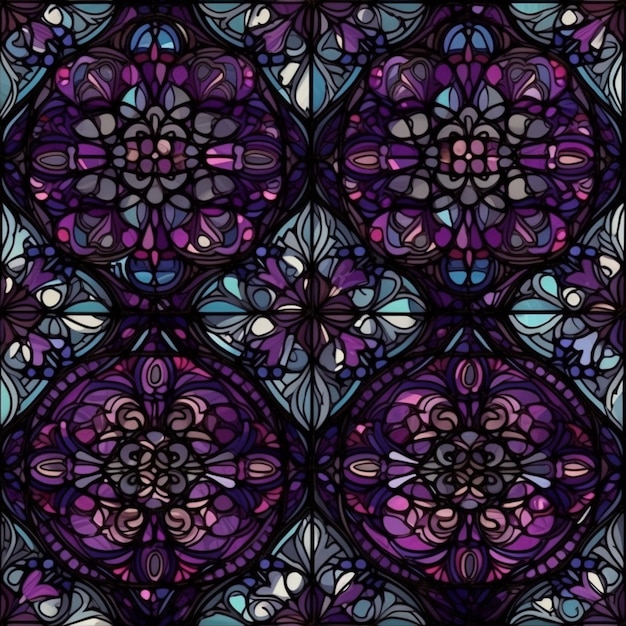 Seamless pattern with purple and blue flowers and leaves on a black background.