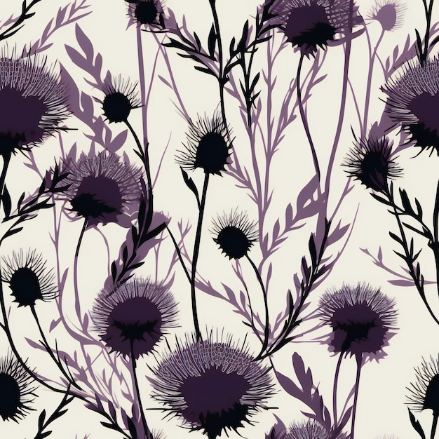 A seamless pattern with purple flowers and grass.