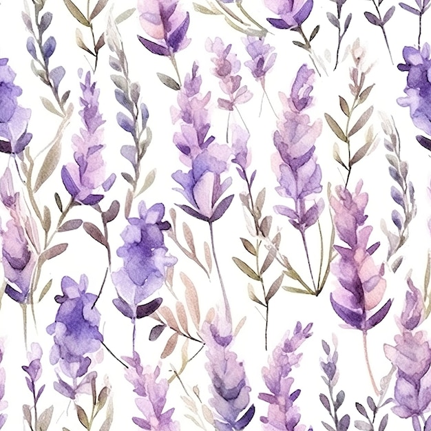 A seamless pattern with purple flowers and plants.