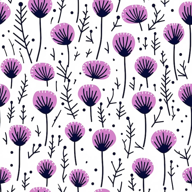 Seamless pattern with purple flowers on a white background.