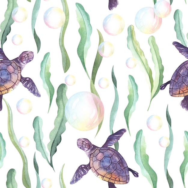 Seamless pattern with purple sea turtle seaweeds Underwater life print