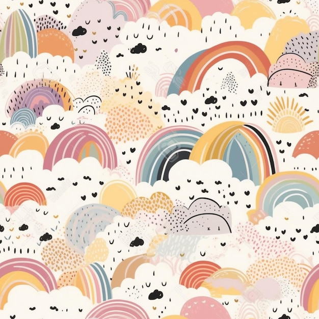 A seamless pattern with a rainbow and clouds.