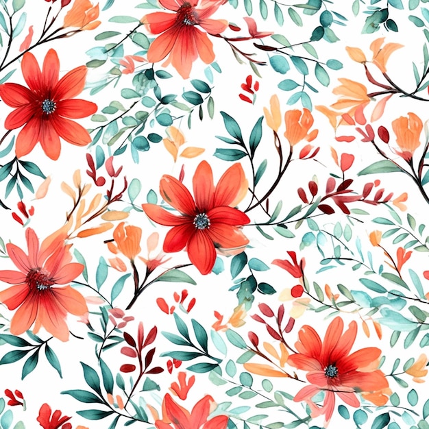 A seamless pattern with red flowers and leaves on a white background.