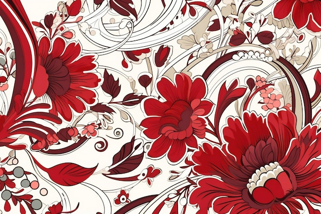 Seamless pattern with red flowers and leaves