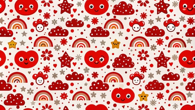 Photo seamless pattern with red hearts stars flowers clouds and rainbows on a white background