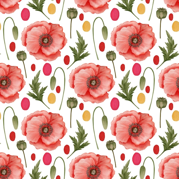 A seamless pattern with red poppy flowers and eggs on a white background.