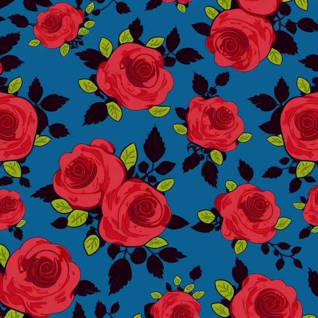 Seamless pattern with red roses on a blue background.