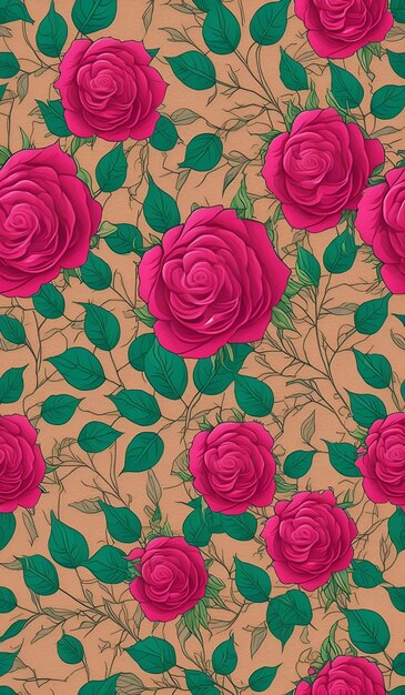 A seamless pattern with red roses and green leaves on a brown background.