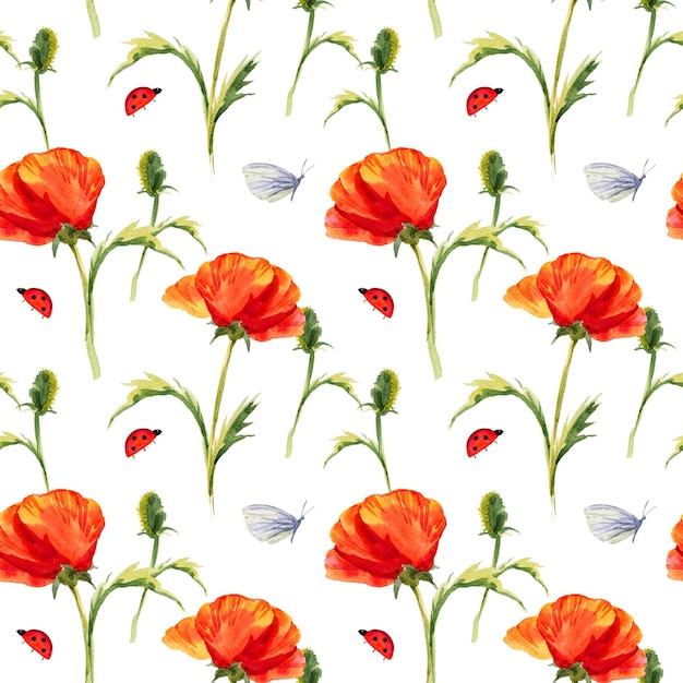 Seamless pattern with red summer flowers and leaves on white background watercolour poppy butterfly