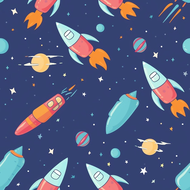 Seamless pattern with rockets on a dark background.