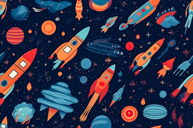 Seamless pattern with rockets planets and stars Generative AI