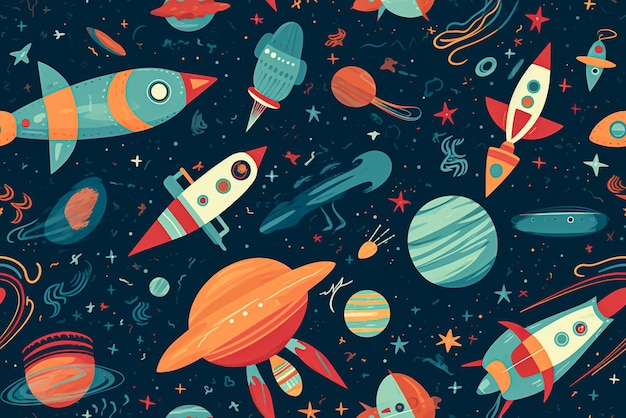 Seamless pattern with rockets planets and stars Generative AI