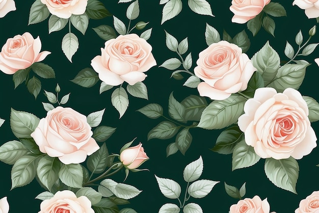 Seamless Pattern with Rose White and Leaves Green