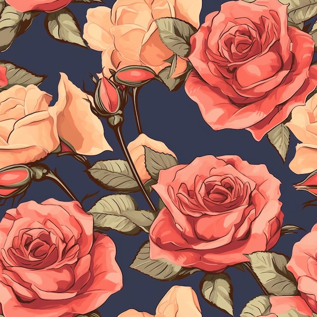 A seamless pattern with roses on a blue background.