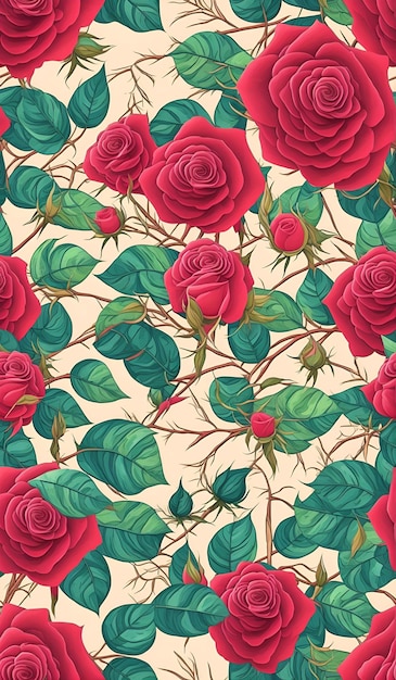 A seamless pattern with roses and leaves.