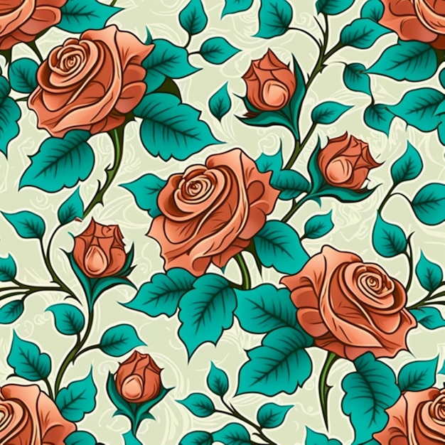 A seamless pattern with roses and leaves.