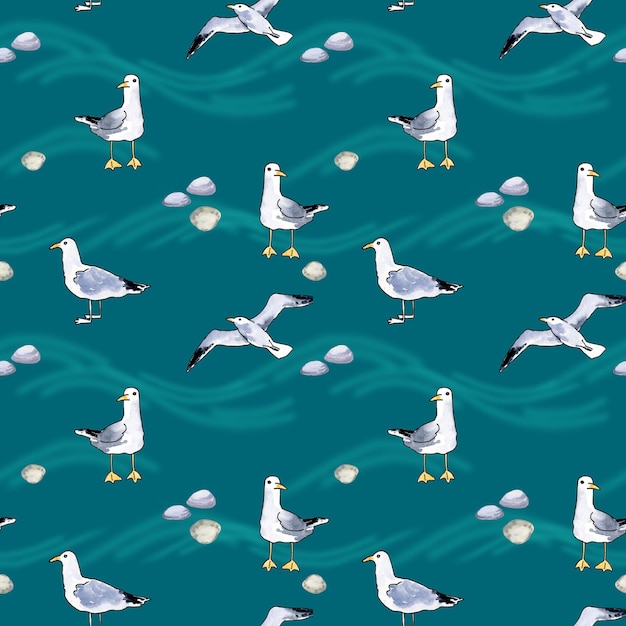 Seamless pattern with seabird on blue background Watercolor illustration Hand draw sketch