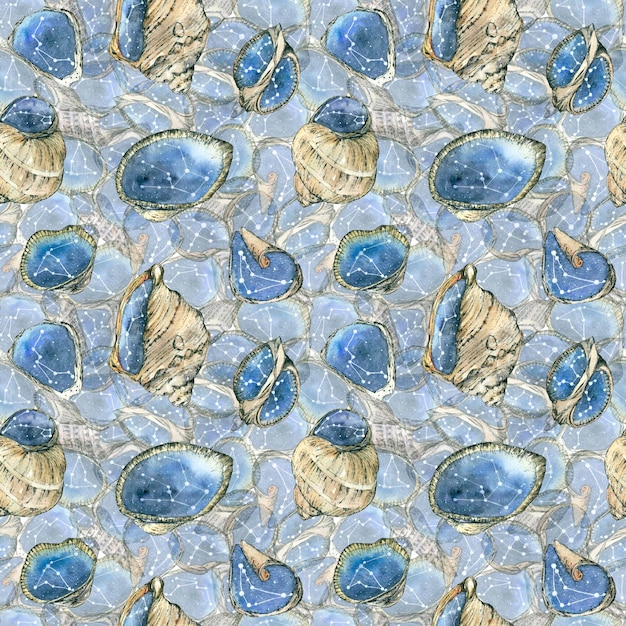 Seamless pattern with seashells on a blue background Watercolor illustration