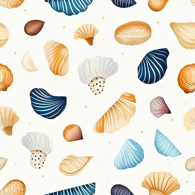 A seamless pattern with seashells on a white background.