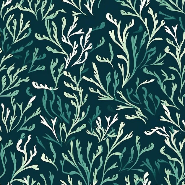 A seamless pattern with seaweed on a dark blue background.