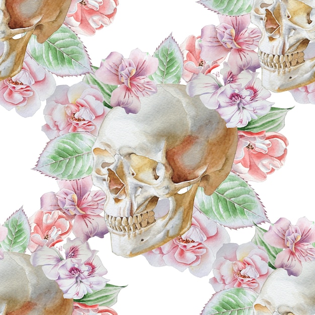 Seamless pattern with skull and flowers