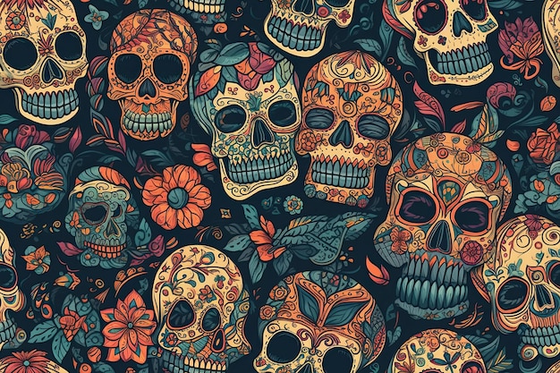 Seamless pattern with skulls and flowers on a background Generative AI illustration