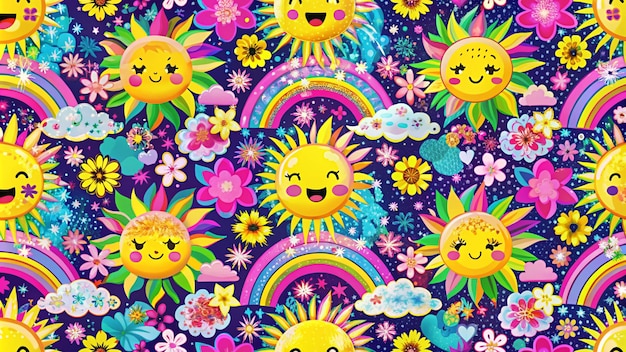 Photo seamless pattern with smiling suns flowers rainbows and clouds on a dark purple background