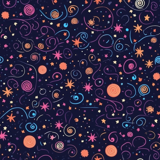 Seamless pattern with stars and swirls on a dark background.