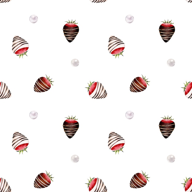 Seamless pattern with strawberries in chocolate Valentine's Day Watercolor