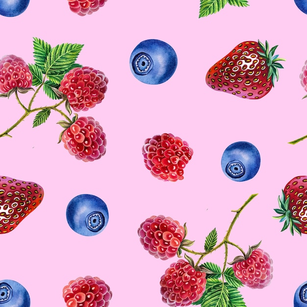 Seamless pattern with strawberries raspberries and blueberries. Watercolor illustration.