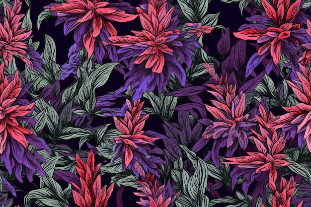 Seamless pattern with stylized flowers on dark background