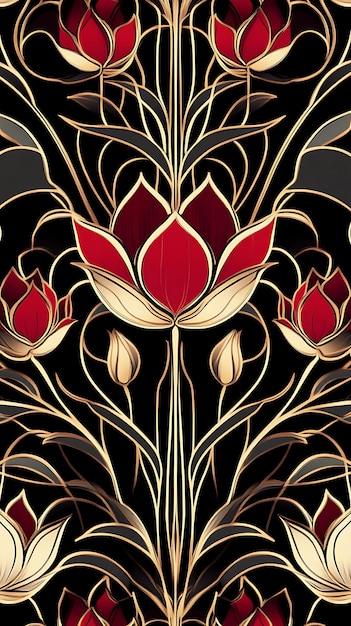 Photo seamless pattern with stylized flowers in red gold and black art deco style